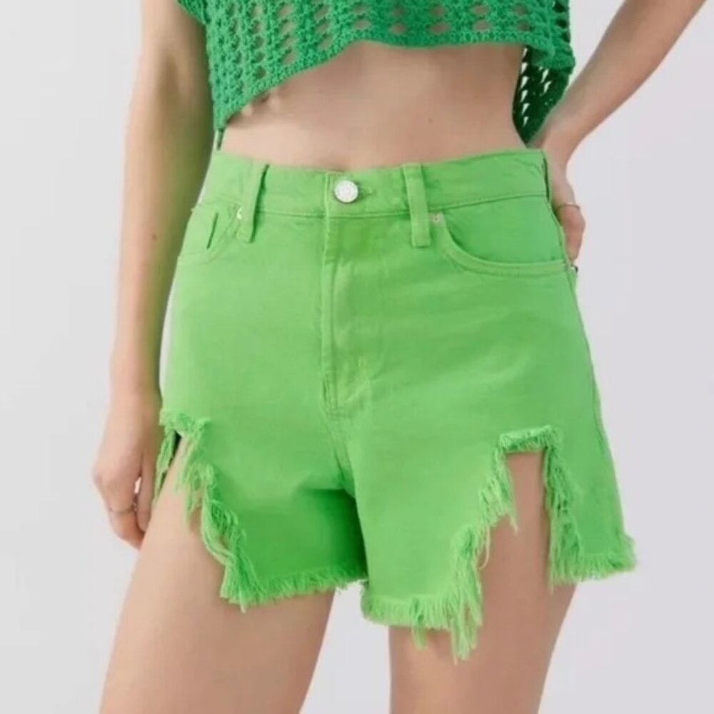 BDG Distressed A-Line Kelly Green Denim Shorts